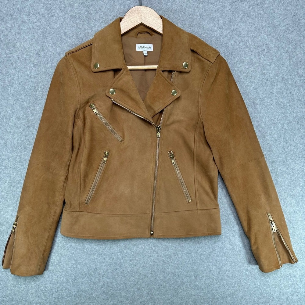 Fifth & Mode Womens Tan Brown Genuine Goat Suede Moto Biker Jacket Size 6